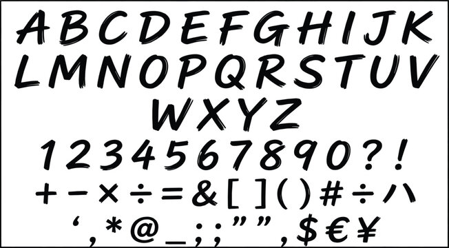 Hand Drawn Brush Alphabet and Font Vector Set Featuring Capital Letters Numbers and Punctuation Symbols for Creative Typography and Graphic Design Projects
