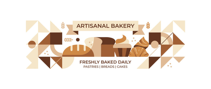 Artisanal Bakery Geometric Illustration with Fresh Pastries and Bread
