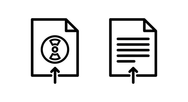 Set of black line icons illustrating radiation data export and document data upload with document radiation technology information transfer interface computing processing analysis