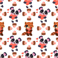 Fototapeta premium Panda seamless pattern with hearts