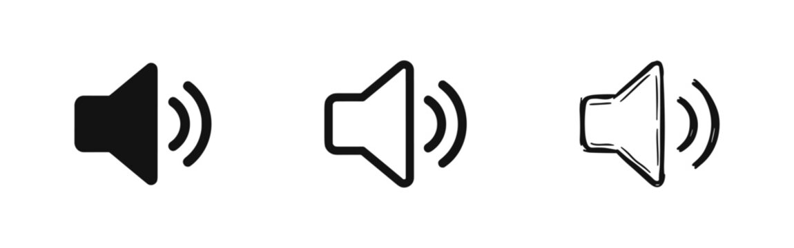 Sound volume speaker icon set, flat black, outline and sketch style