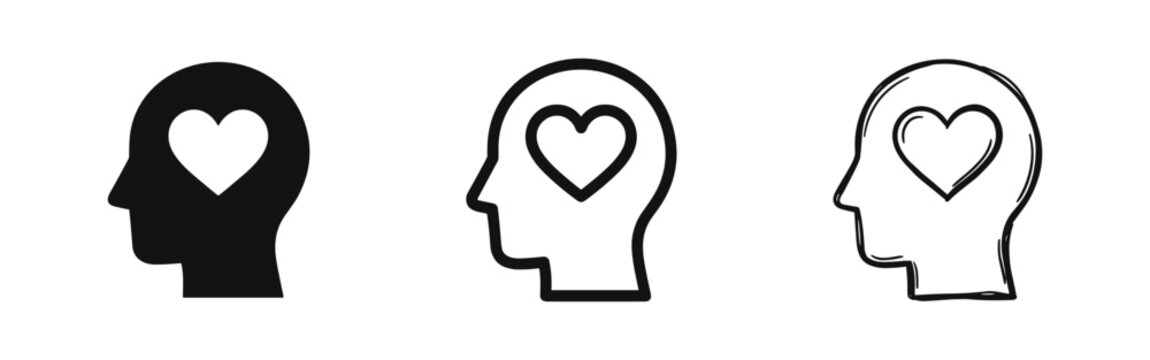 Head with heart icon set, mental health and love symbols