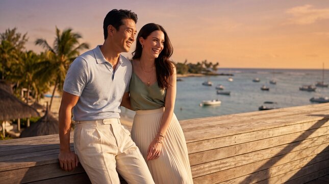 Couple Laughing on Cedar Deck near Tropical Bay during Golden Hour.