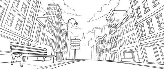Obraz premium Black and White City Street Line Art Vector Illustration with Urban Buildings and Bench