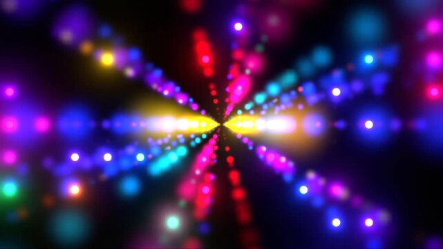 Dynamic multicolor light rays exploding from center, radial symmetry of colorful light beams flashing with bokeh on black background, 4k animation.
