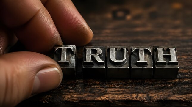Hand Placing Metal Letter 'T' to Spell Truth on Rustic Wooden Background, Concept of Honesty and Integrity