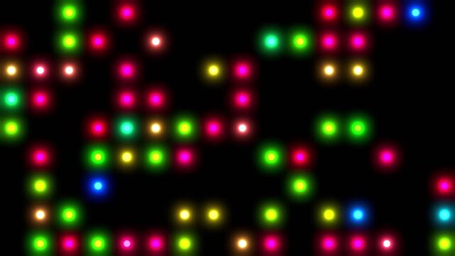 Glowing neon data particles blinking on black background, futuristic digital cloud server and data processing visualization seamless animation