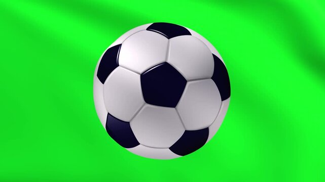 Soccer ball on waving green flag background, football concept computer animation.