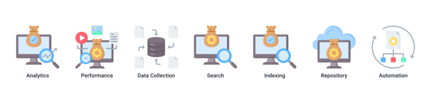 Performance Insights web banner icon vector illustration with icons of Analytics, Performance, Data Collection, Search, Indexing, Repository and Automation