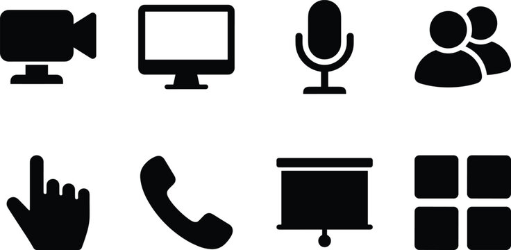 Video conference and online meeting icon set featuring webcam monitor microphone phone and presentation symbols
