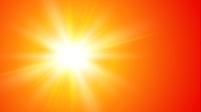 Hot sun with burning rays on orange background. Climate change and extreme hot weather and global warming concept.