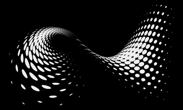 Abstract black and white halftone fantasy wave background with copy space, white dots pattern on black background.