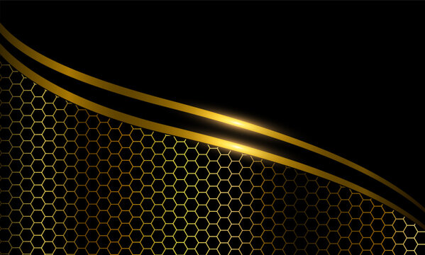 Abstract luxury black and gold background with carbon fiber hexagon pattern, elegant futuristic gold wave background.