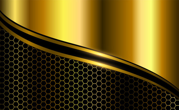 Abstract luxury black and gold background with carbon fiber hexagon pattern, elegant futuristic gold wave background.