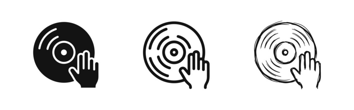 DJ hand on vinyl record icon set: solid black, outline, sketch styles