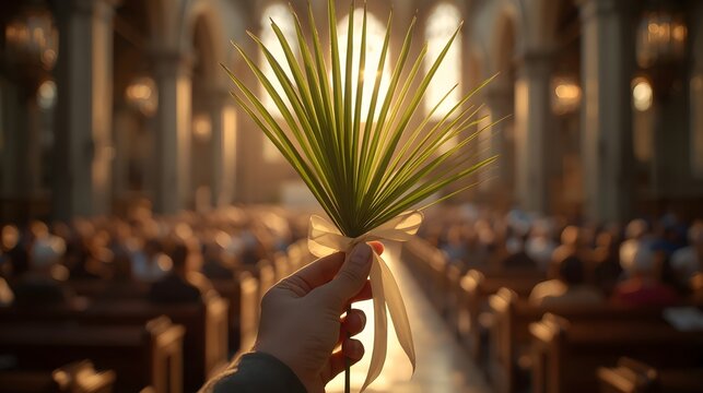 Hand holding palm branch with white ribbon inside a church on Palm Sunday