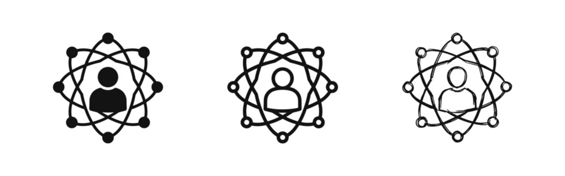 Person connected to network nodes icon set