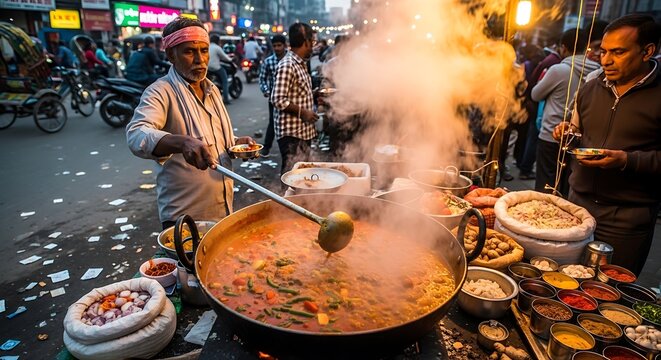Indian street food vendor cooking vegetable curry in a large pot at night