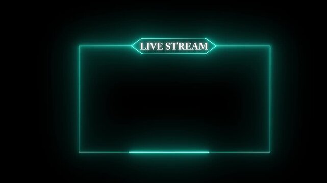 Live Stream Neon cyan frame animation with neon box frame. Animated neon Live stream Icon. Neon looped light frame for live stream video a Black background. Live streaming Frame -4k video