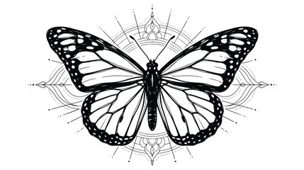 Bohemian monarch butterfly vector illustration, celestial butterfly with sacred geometry mandala, mystical black and white insect line art for tattoo © Fahad