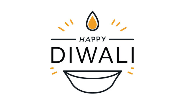 Diwali graphic displays the words Happy Diwali above a stylized oil lamp icon with a single glowing flame shape positioned above the text on a clean white background area.
