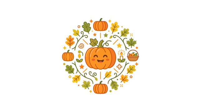 Cute Hand-Drawn Halloween Pumpkin with Autumn Leaves Circle