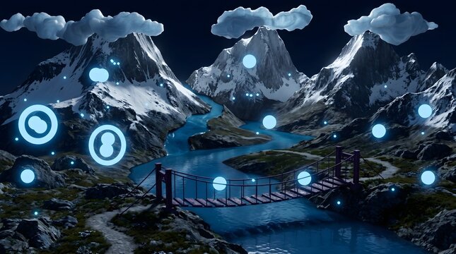 Fantasy mountain landscape at night with a suspension bridge over a blue river and orbs