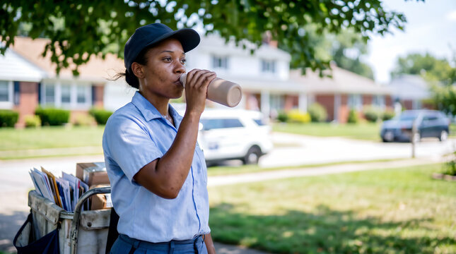 female postman drinking water from a bottle while standing in the shade of a tree, high summer temperatures and the importance of drinking water for health, copy space for text