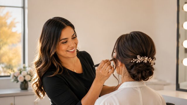 image.Professional makeup artist applying eye makeup to beautiful bride in beauty salon before wedding ceremony with elegant hairstyle and natural cosmetics, 
