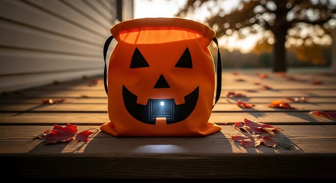 Jack-o-lantern candy bag with glowing tunnel sitting on autumn porch