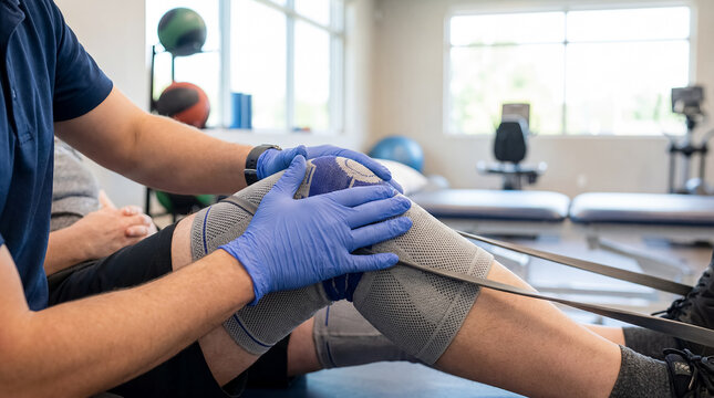 physical therapy knee strengthening therapist hands rehabilitation recovery exercise therapist stabilizes patient knee during strengthening exercise showing guided movement safety and orthopedic