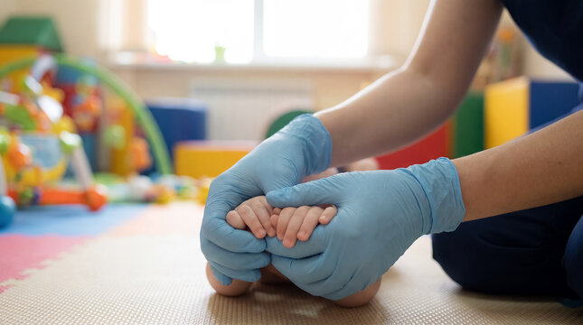 early intervention infant physical therapy therapist hands pediatric development therapist clinic progress supports infant during gentle physical therapy exercise showing developmental care and