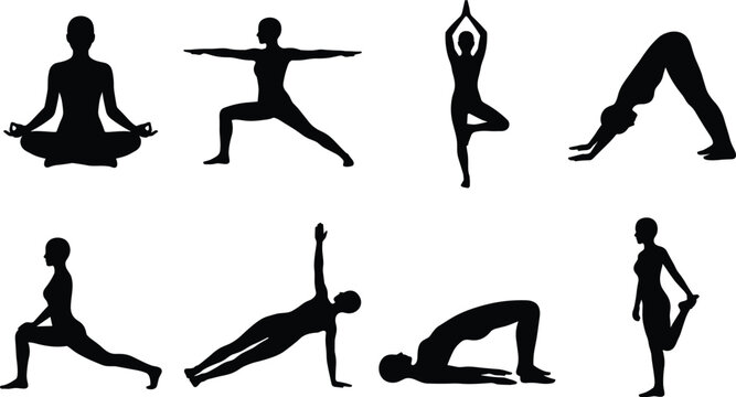Yoga poses and stretching exercises silhouette vector set for fitness wellness and healthy lifestyle design concepts