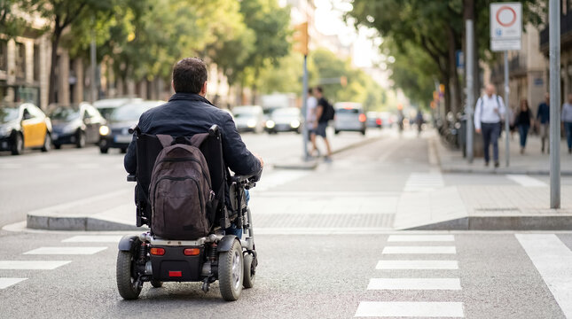 motorized wheelchair accessible city mobility independence urban disability person in motorized wheelchair navigates accessible city sidewalk showing independence mobility and inclusive urban design