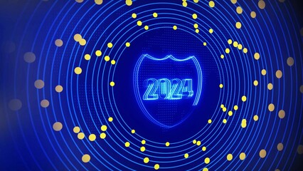 Glowing atomic model with digital "2024" core, blue and gold particle orbits © Aptech_530