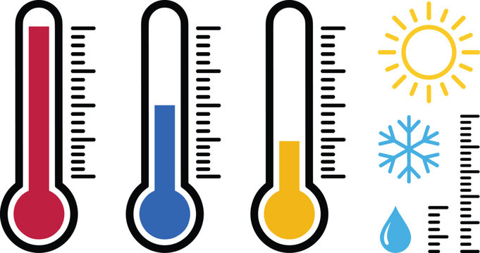 Weather Thermometer Temperature Gauge Vector Icon Set with Sun Snowflake and Water Drop Symbols for Climate Monitoring and Forecast Application Designs
