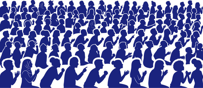 Large crowd of spectators looking and pointing in one direction on transparent background