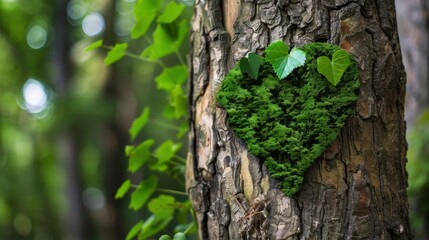 Fototapeta premium Heart-Shaped Green Moss on Tree Trunk Surrounded by Lush Foliage in a Tranquil Forest Setting