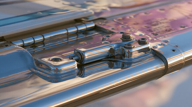 aileron. Close-up of an aircraft aileron's hinge and actuator, polished metal surface. mobility guides, transit brochures, designed for mobility and urban transit guides, used by bi analysts.