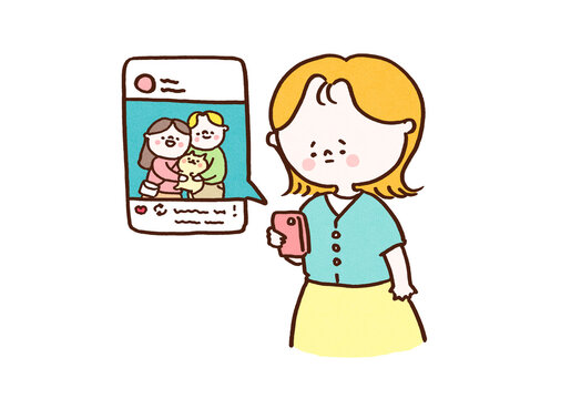 Woman feeling jealous and depressed comparing herself to a friend's happy SNS post, social media fatigue or inferiority complex concept