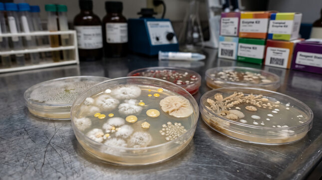 Microbiologist studying various fungal cultures in petri dishes on a laboratory bench with equipment