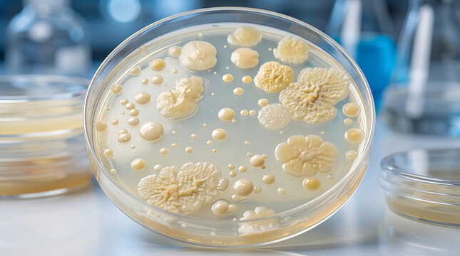 Microbiologist examining various bacterial colonies on agar plate in laboratory setting with multiple petri dishes