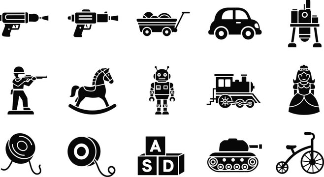Black silhouette icons of classic and modern toys in grid layout&mdash;perfect for childhood themes, playtime design, and educational or nostalgic projects.