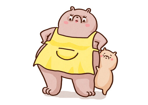 Mother bear in an apron looking down intimidatingly with a cub hiding behind her, mama bear or overprotective concept