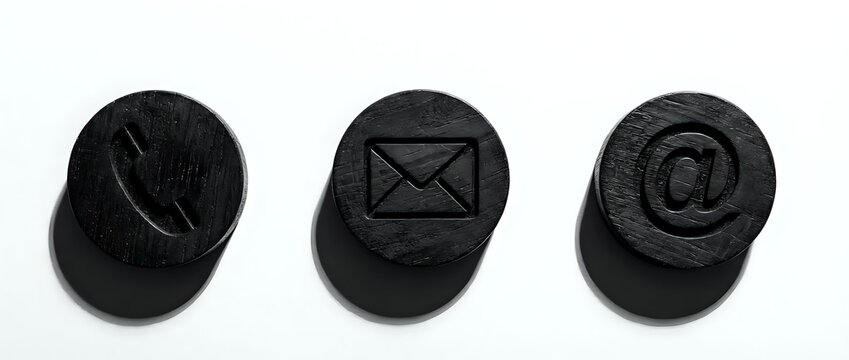 Three black textured rubber stamps featuring communication symbols: phone, envelope, and email icon, isolated on white background for design projects and digital applications.