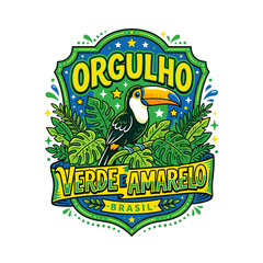 Fototapeta premium Toucan with foliage and Brazilian pride slogan
