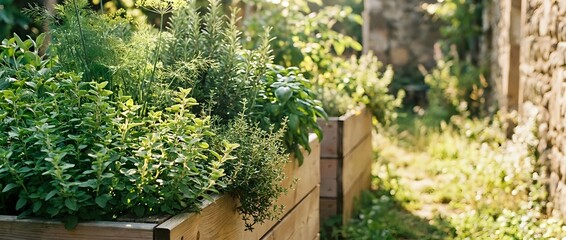 Obraz premium Raised Garden Beds with Fresh Green Herbs and Vegetables Growing in Sunny Outdoor Space Gardening Agriculture