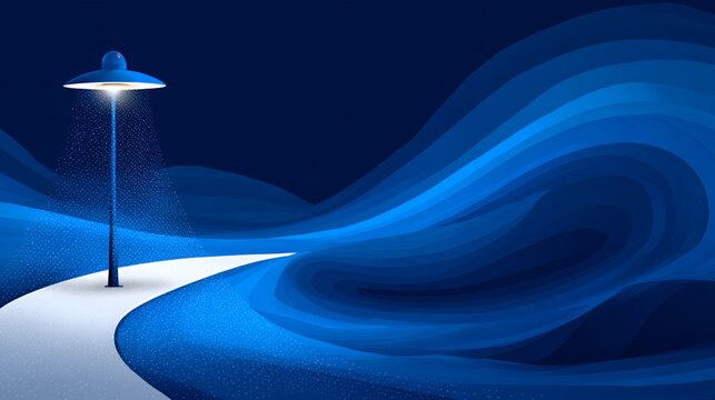 Glowing modern street lamp illuminating a winding white path in a stylized abstract blue landscape, surreal and magical night scene.