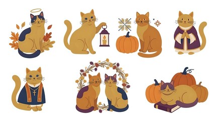 Obraz premium Cute cats in autumn and fall themed costumes and outfits, isolated on white background, ready for design use on merchandise and apparel.