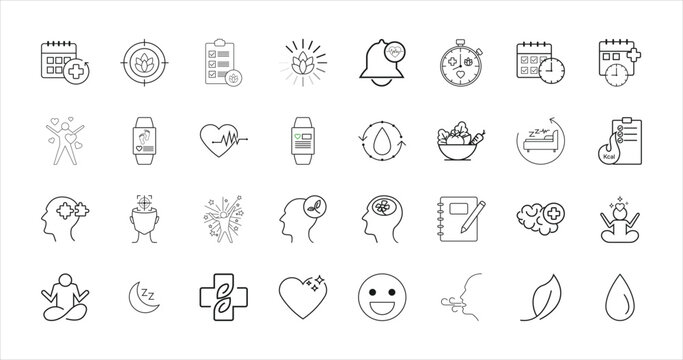 A comprehensive collection of 32 minimalist thin line icons covering wellness, mental health, fitness tracking, healthy diet, sleep monitoring, and mindfulness mobile apps.